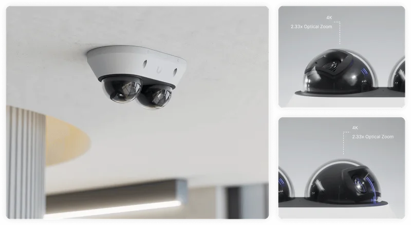 Combines two fully independent 4K sensors into an exceptionally compact form factor — perfect for reception areas, hallways, and other interior environments demanding deployment efficiency.