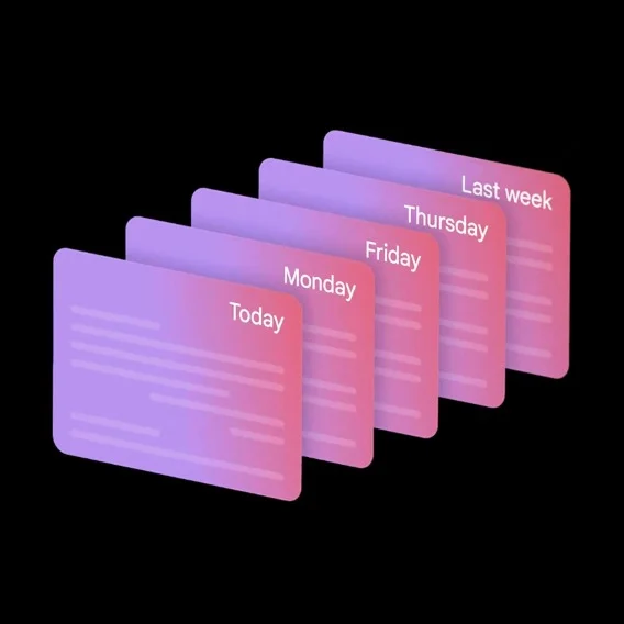 An illustration of several pink and purple cards organized by date, indicating Gemini’s ability to reference past conversations.