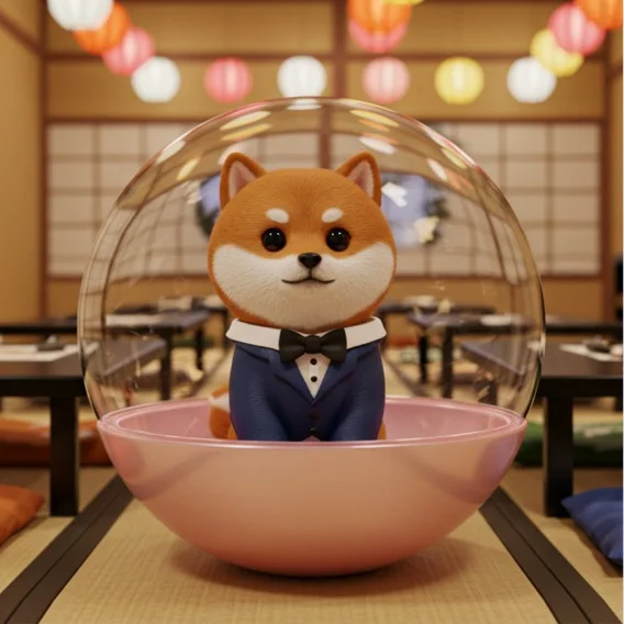 A Whisk-generated image of a toy Shiba Inu dog wearing a suit sitting inside a glass ball inside a sushi restaurant