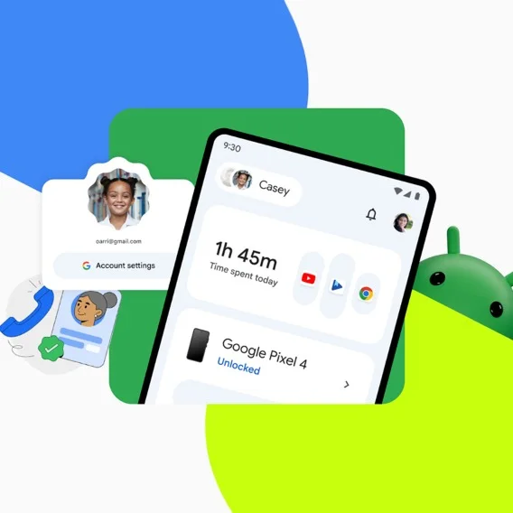 A collage of a smartphone with Google Family Link open and the Android logo.