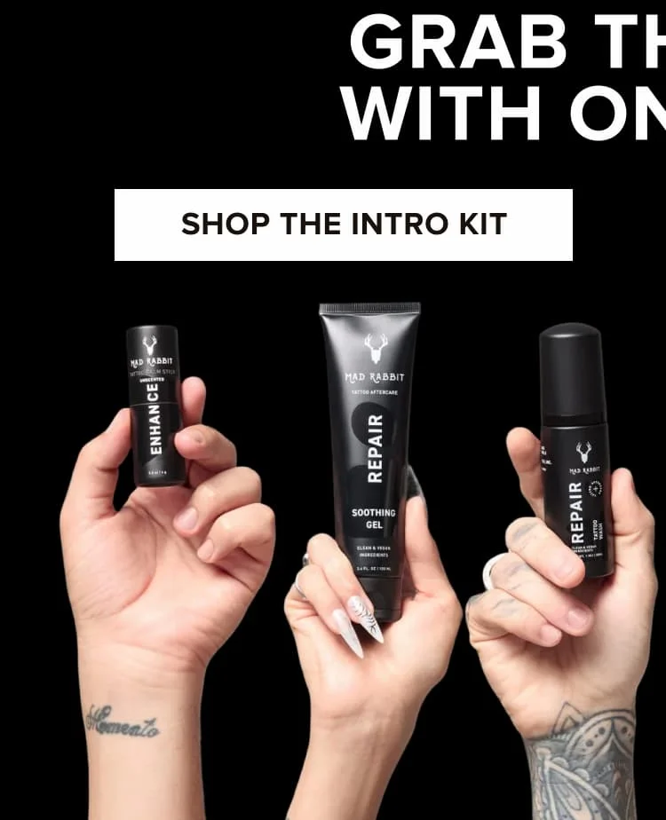 shop the intro kit - tattoo balm stick, soothing gel, and new tattoo repair wash
