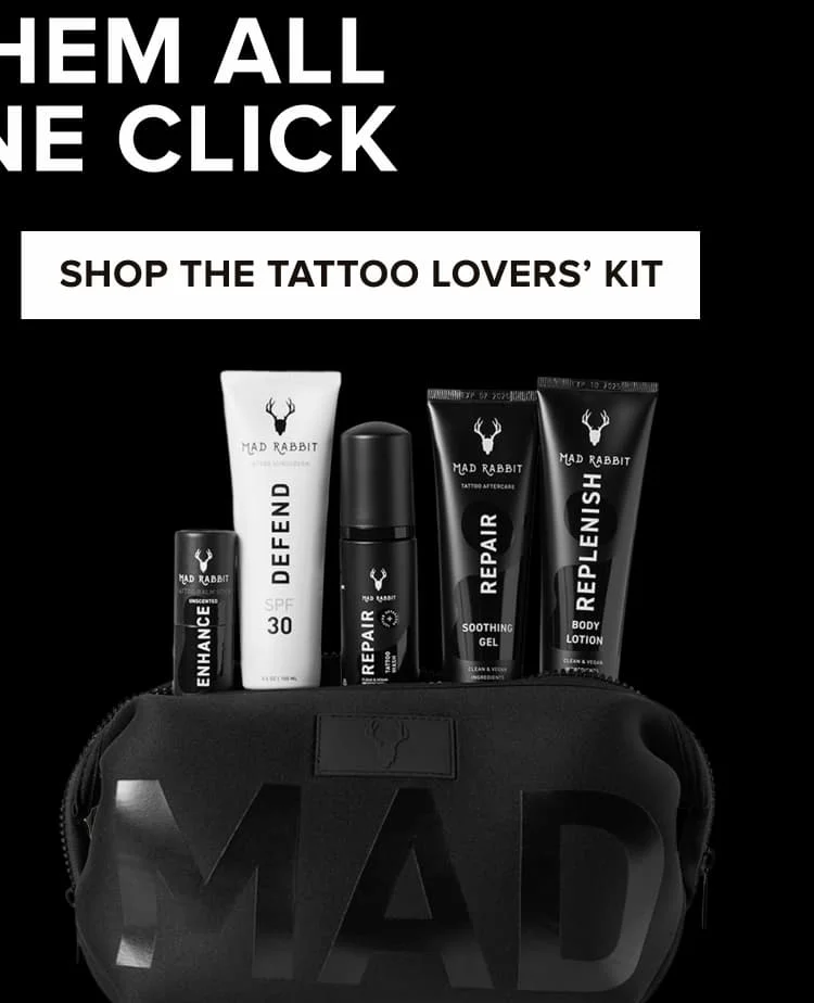 shop the tattoo lover's kit -tattoo balm stick, soothing gel, body lotion, SPF 30 and new tattoo repair wash
