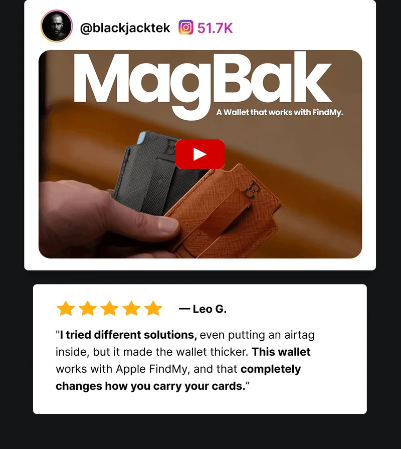 @blackjacktek 51.7K — Leo G. "I tried different solutions, even putting an airtag inside, but it made the wallet thicker. This wallet works with Apple FindMy, and that completely changes how you carry your cards.”