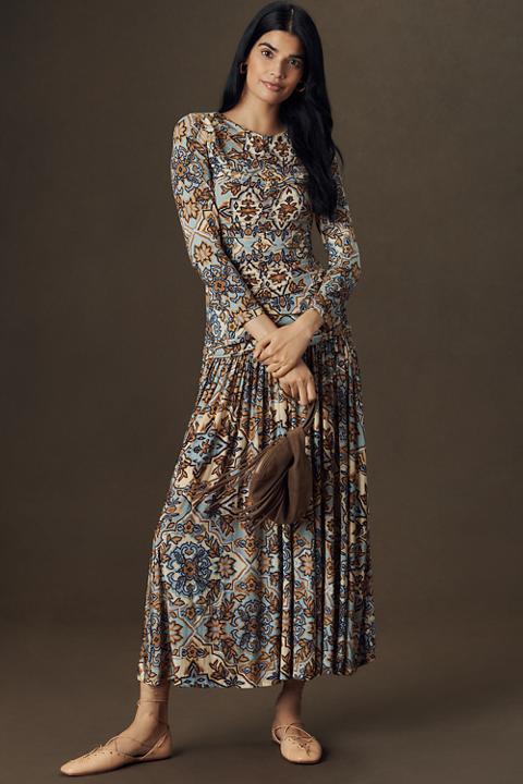 Farm Rio Winter Tapestry Long-Sleeve Ruched Maxi Dress