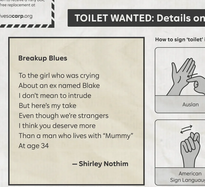"Breakup Blues" To the girl who was crying / About an ex blamed Blake / I don't mean to intrude / But here's my take / Even though we're strangers / I think you deserve more / Than a man who lives with "Mummy" / At age 34. - Shirley Nothim