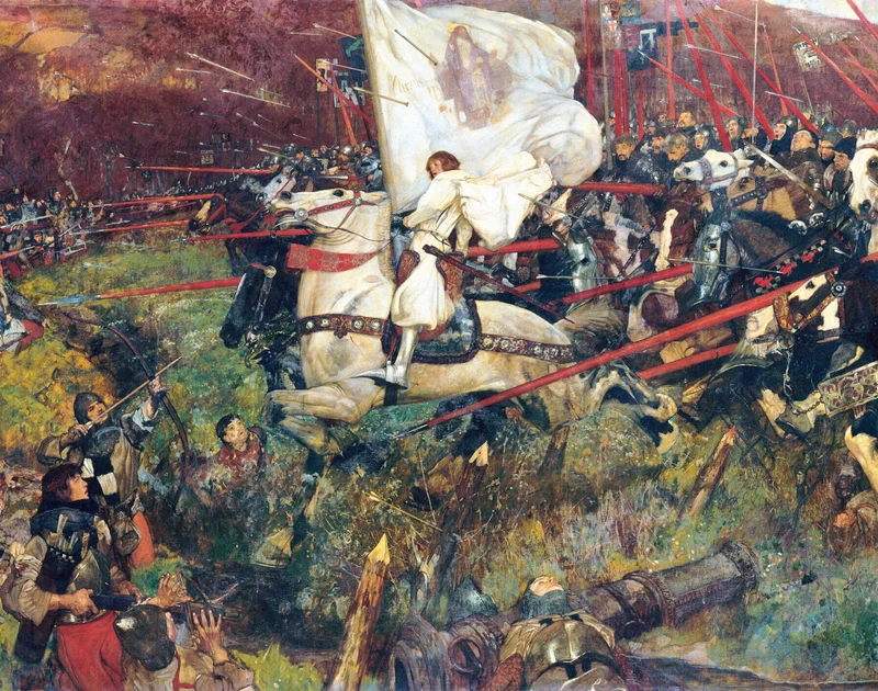 Leading the French cavalry, Joan rides into a hail of arrows from English longbowmen. Painting by Frank Craig, 1907. Musée d’Orsay, Paris