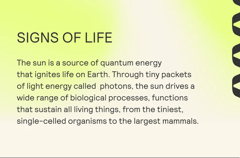 SIGNS OF LIFE  The sun is a source of quantum energy  that ignites life on Earth. Through tiny packets of light energy called photons, the sun drives a wide range of biological processes, functions that sustain all living things, from the tiniest, single-celled organisms to the largest mammals.