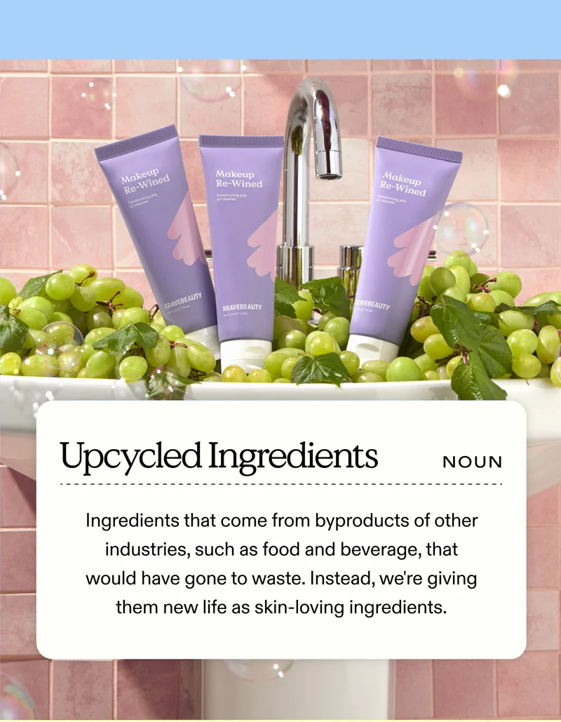 What Are Upcycled Ingredients? Ingredients that come from byproducts of other industries, such as food and beverage, that would have gone to waste. Instead, we're giving them new life as skin-loving ingredients.