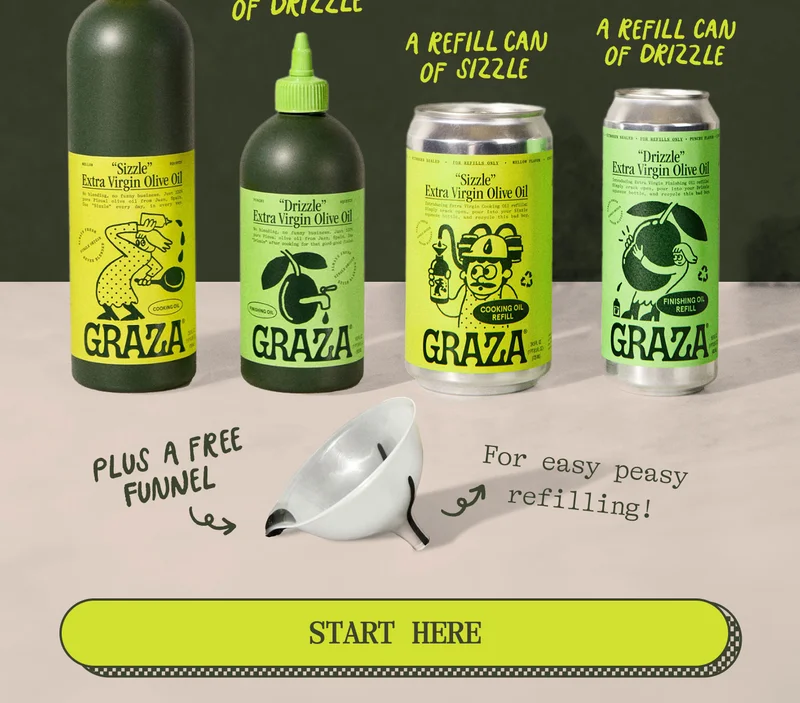 1 bottle of drizzle, a refill can of sizzle, a refill can of drizzle. Plus a free funnel for easy peasy refilling. Start Here