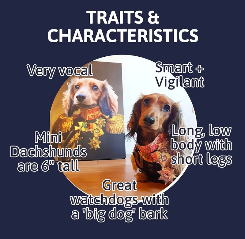 Traits & Characteristics:  - Very vocal - Smart + Vigilant - Mini Dachshunds are 6" tall - Great watchdogs with a 'big dog' bark - Long, low body with short legs
