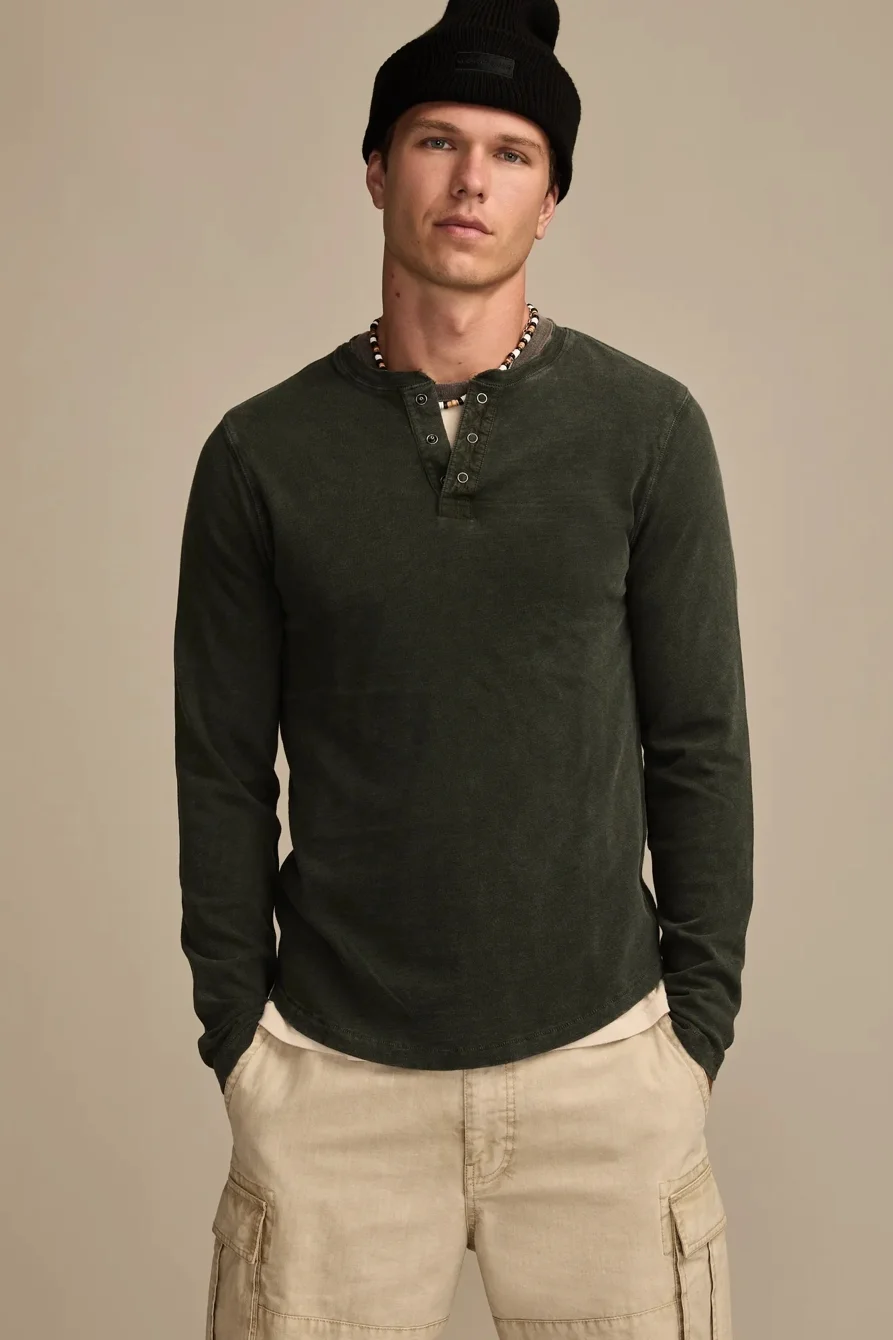 Image of Lucky Brand Long Sleeve Weekend Slub Henley - Men's Clothing Tops Tees Henley Shirt in Fiesta