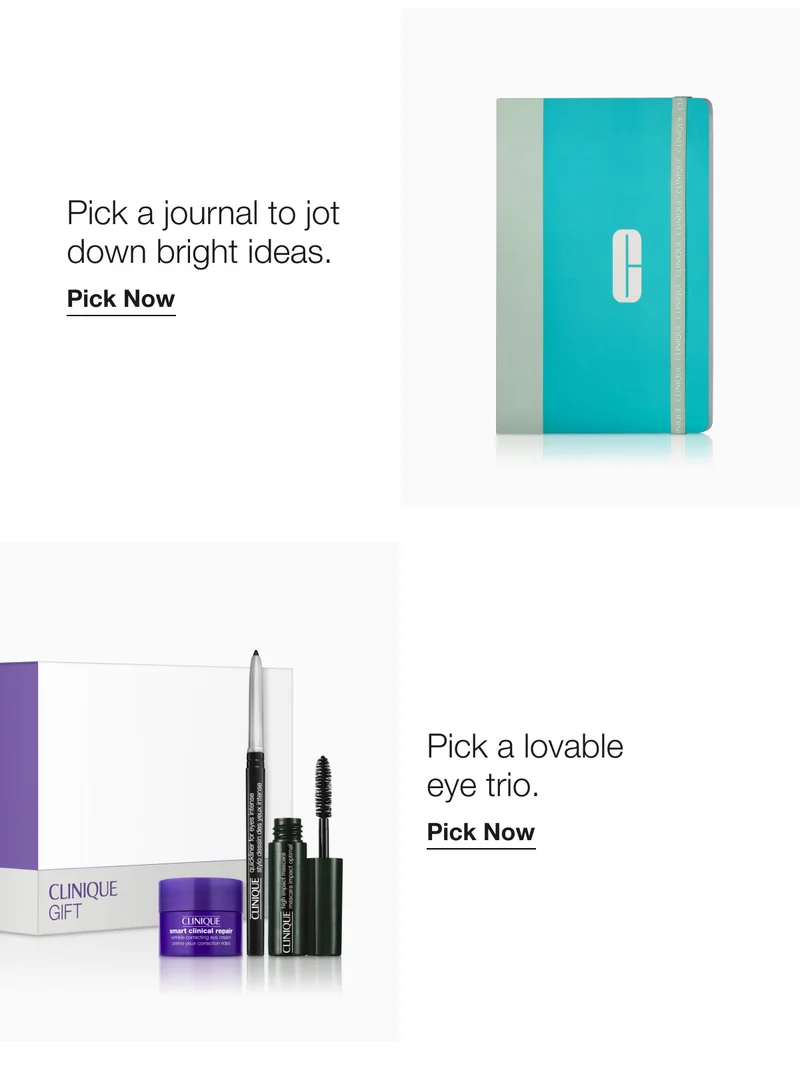 Pick a journal to jot down bright ideas.  | Pick Now | Pick a lovable eye trio. | Pick Now