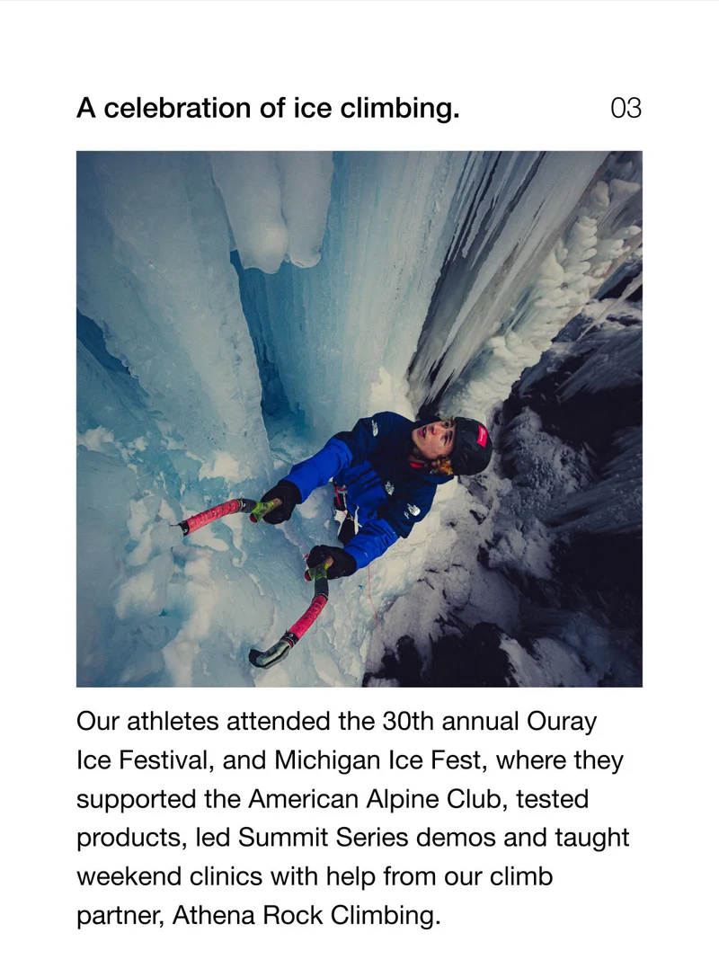 Our athletes attended the 30th annual Ouray Ice Festival, and Michigan Ice Fest, where they supported the American Alpine Club, tested products, led Summit Series demos and taught weekend clinics with help from our climb partner, Athena Rock Climbing.