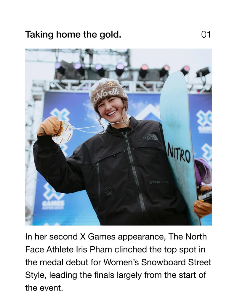 In her second X Games appearance, The North Face Athlete Iris Pham clinched the top spot in the medal debut for Women's Snowboard Street Style, leading the finals largely from the start of the event.