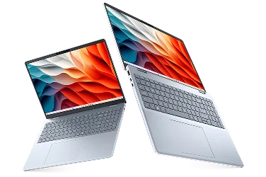 Two Dell 16 Plus Laptop computers suspended in midair.
