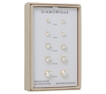 Diamonique Set of 5 Stud Earrings, Sterling or 14K Plated, Boxed