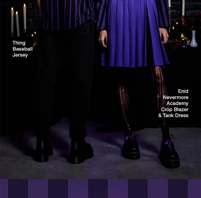 Product shown: Thing Baseball Jersey and Enid Nevermore Academy Crop Blazer and Tank Dress