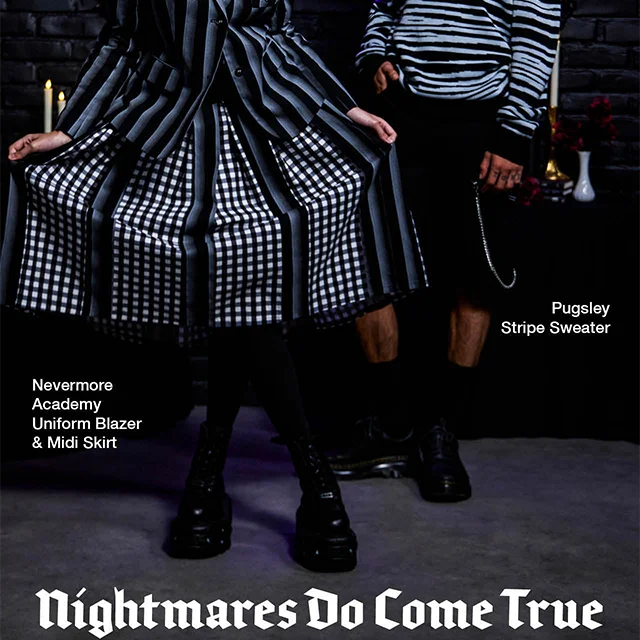 Product shown: Nevermore Academy Uniform Blazer and Midi Skirt and Pugsley Stripe Sweater