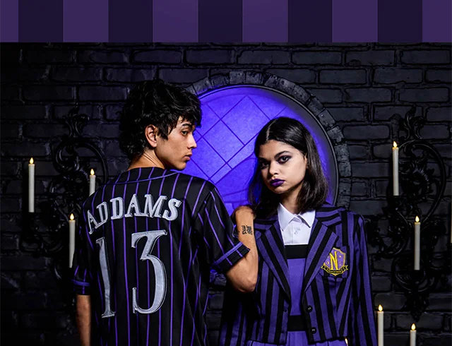 Product shown: Thing Baseball Jersey and Enid Nevermore Academy Crop Blazer and Tank Dress