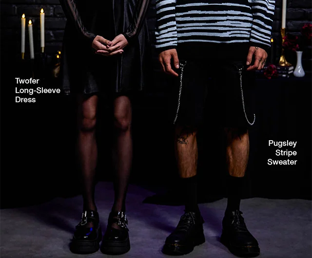 Product shown: Twofer Long-Sleeve Dress and Pugsley Stripe Sweater