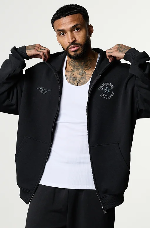 SHINTO GODS SCRIPT BLACK ZIP THROUGH HOODIE