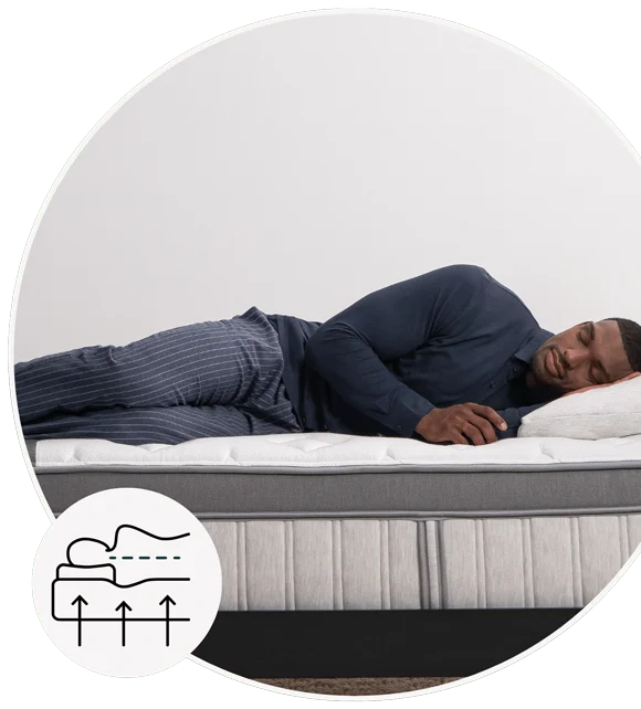 Legend Chill Image -- Comfort sleep Icon over side view of man sleeping on mattress