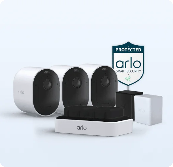 Three Arlo Pro 6 Wireless Security Cameras, an Arlo Yard Sign, and rechargeable batteries.