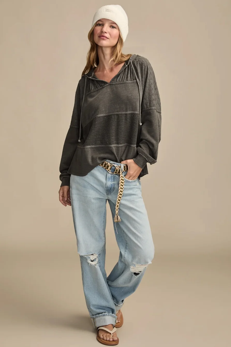 Image of Lucky Brand Eyelet Boho Fleece Hoodie - Women's Clothing Outerwear Sweatshirts Crewneck Hoodies in Thunderstorm