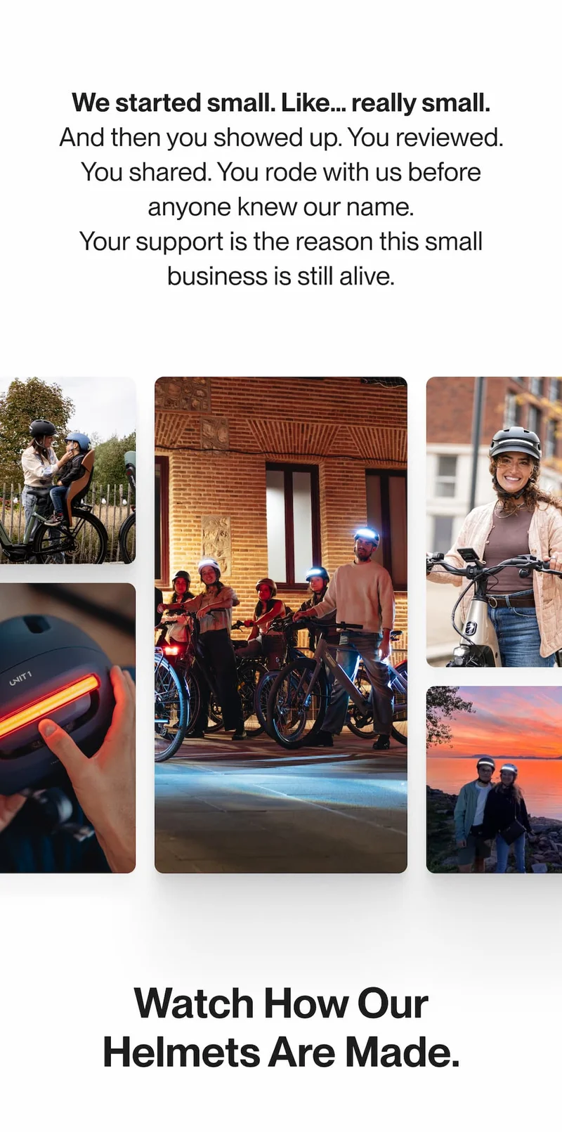 Collage of UNIT 1 riders wearing smart helmets in different real world moments, highlighting the community that supports the brand.