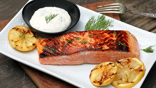 Salmon with Grilled Lemons and Yogurt Sauce
