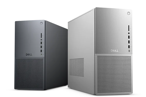 Two Dell Tower Plus Desktops. The light gray tower is in the forefront, while the dark gray is behind it.
