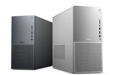 Two Dell Tower Plus Desktops. The light gray tower is in the forefront, while the dark gray is behind it.