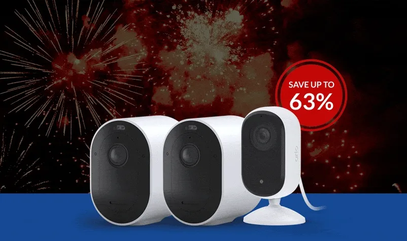 Up to 63% off. Various Arlo home security products with fireworks in the background.