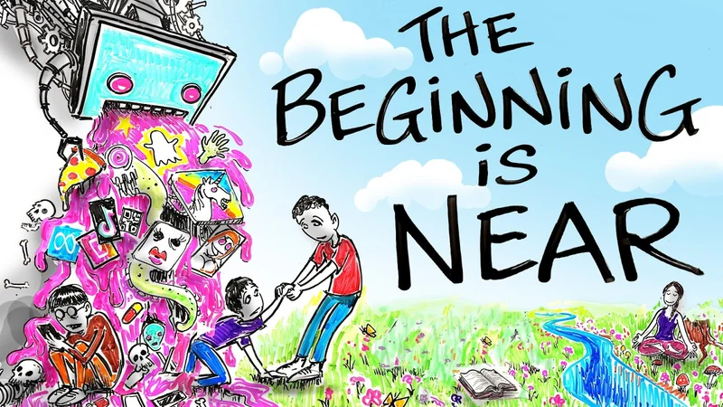 Thumbnail of YouTube video where person gets pulled out of AI slop and title reads "The beginning is near."