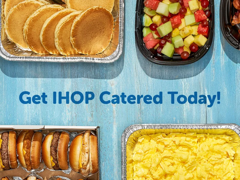 Images of pancakes, fruit salad, burgers, and scrambled eggs in catering tins.
