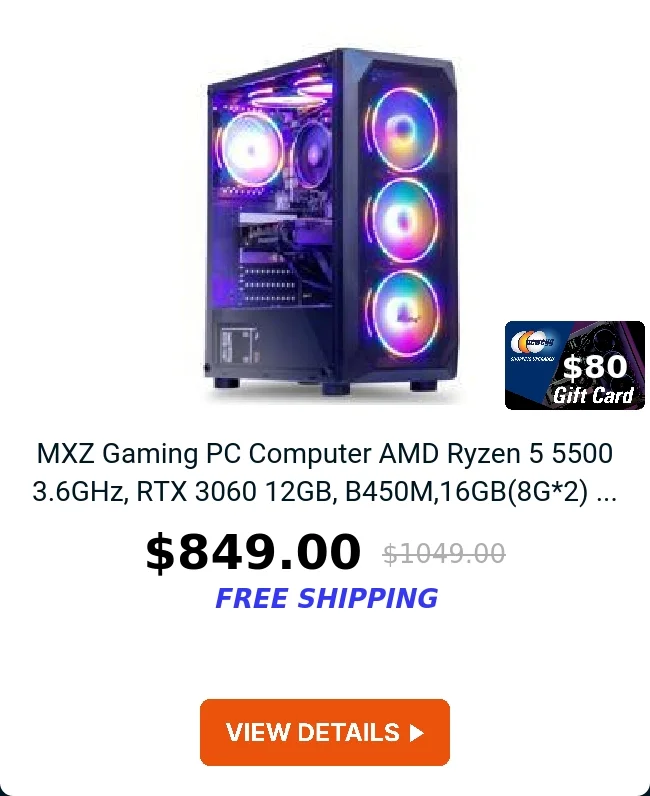 MXZ Gaming PC Computer AMD Ryzen 5 5500 3.6GHz, RTX 3060 12GB, B450M,16GB(8G*2) ...
