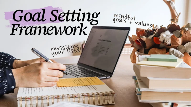 Image of a desk with an open laptop and a notebook with a hand holding a pen hovering over it and the title, “Goal Setting Framework.”