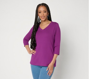 Denim & Co. Essentials True Cotton 3/4 Sleeve Top w/ Trim Detail