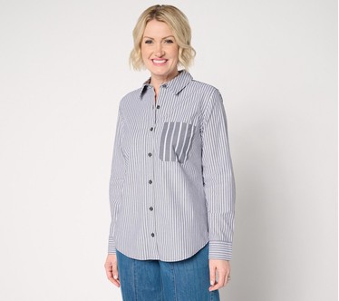 Joan Rivers Stretch Cotton Button Front Mixed Stripe Shirt