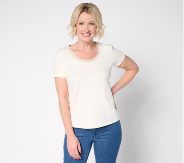 BEAUTIFUL by Lawrence Zarian Classic Knit Metallic Trim Scoop Neck Top