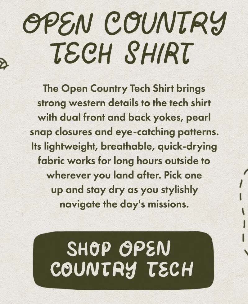 The Open Country Tech Shirt brings strong western details to the tech shirt with dual front and back yokes, pearl snap closures and eye-catching patterns. Its lightweight, breathable, quick-drying fabric works for long hours outside to wherever you land after. Pick one up and stay dry as you stylishly navigate the day's missions.