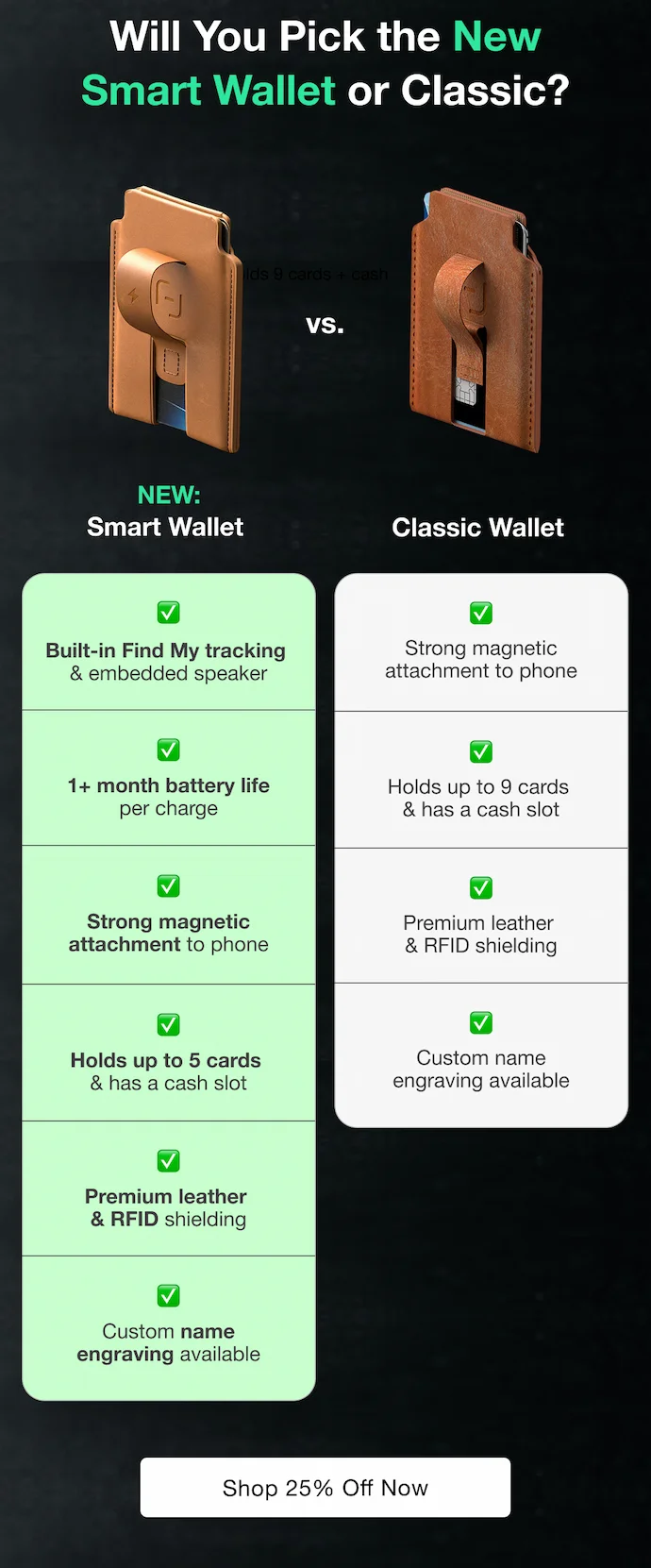 Will You Pick the New Smart Wallet or Classic? Holds 9 cards + cash vs. NEW: Smart Wallet   Classic Wallet  ✅ ✅ Built-in Find My tracking  & embedded speaker Strong magnetic attachment to phone ✅ ✅ 1+ month battery life per charge Holds up to 9 cards  & has a cash slot ✅ ✅ Strong magnetic attachment to phone Premium leather  & RFID shielding ✅ ✅ Holds up to 5 cards  & has a cash slot Custom name engraving available ✅ Premium leather  & RFID shielding ✅ Custom name engraving available