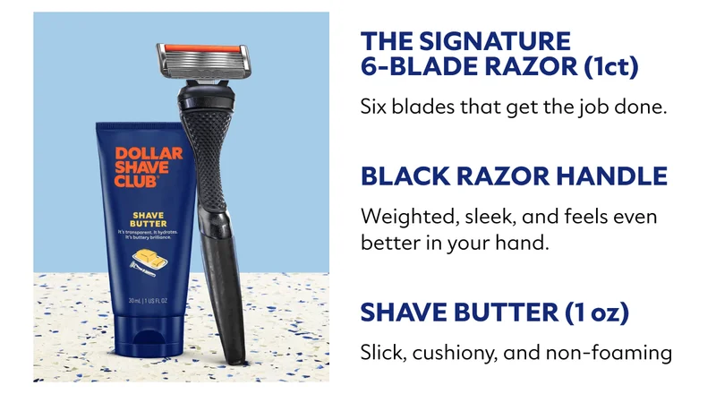 The Signature 6-Blade Razor, Black Razor Handle, and Shave Butter