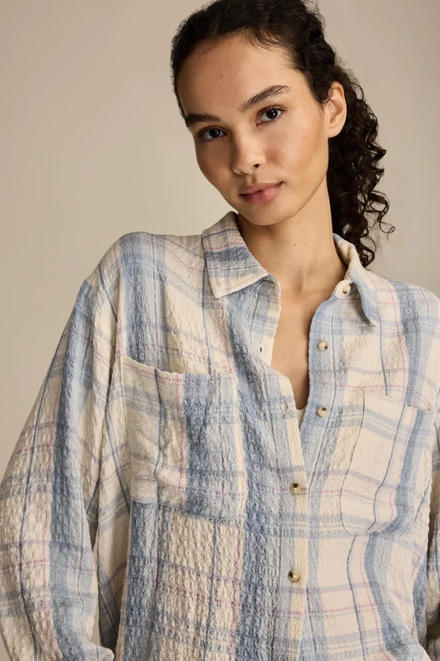 Image of Lucky Brand Cropped Plaid Drapey Shirt - Women's Clothing Button Down Tops Shirts in Blue Plaid