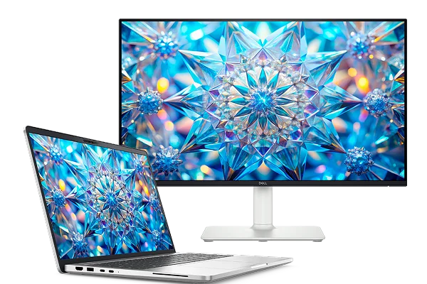 A Dell Pro 16 laptop and a Dell 24 Plus adjustable stand monitor.