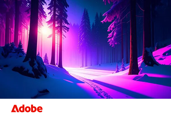 An illustrated scene of a winter forest created with Adobe software.