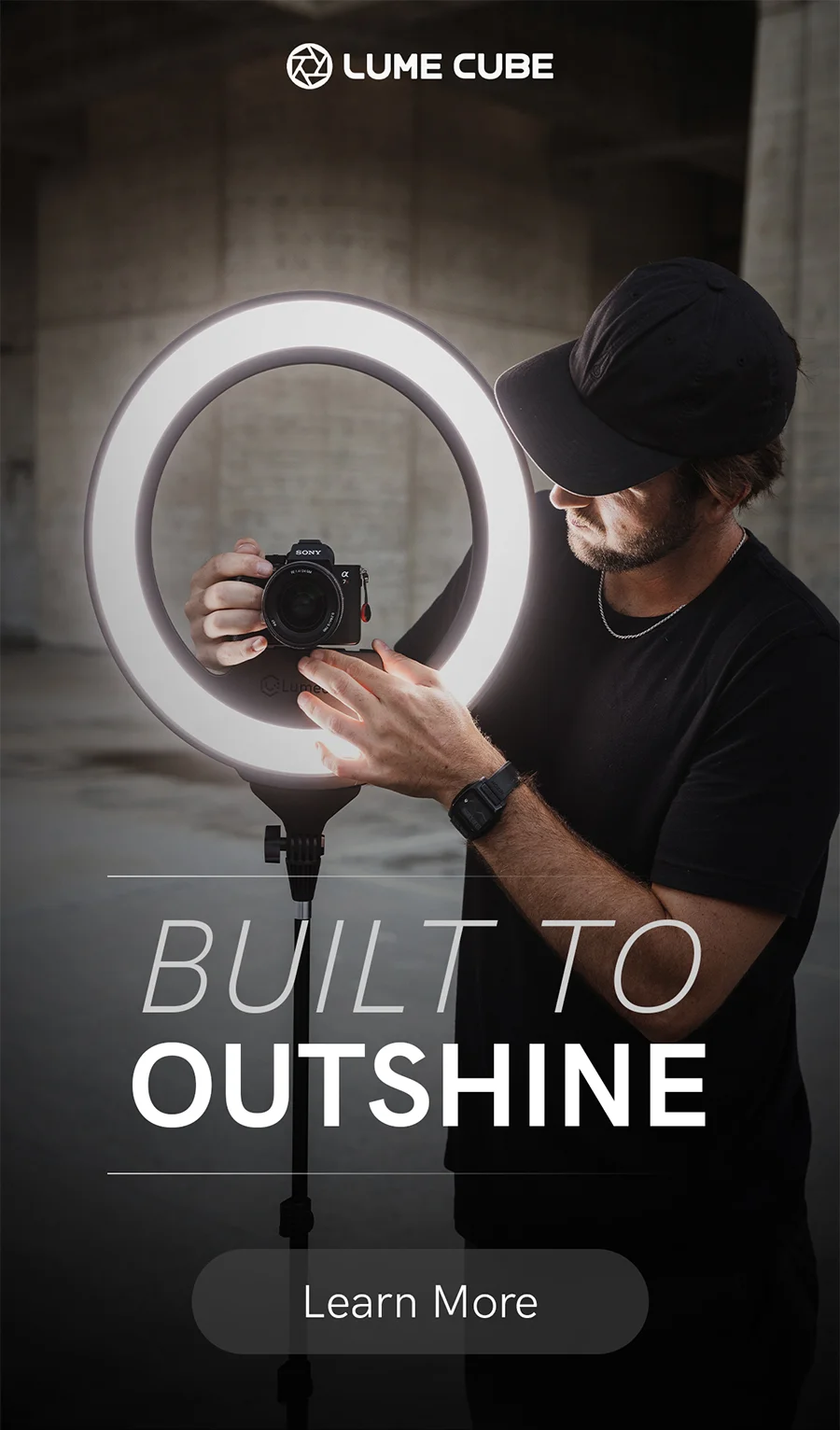 Built to Outshine with a creator adjusting the Lume Cube Ring Light Pro for the perfect shot.