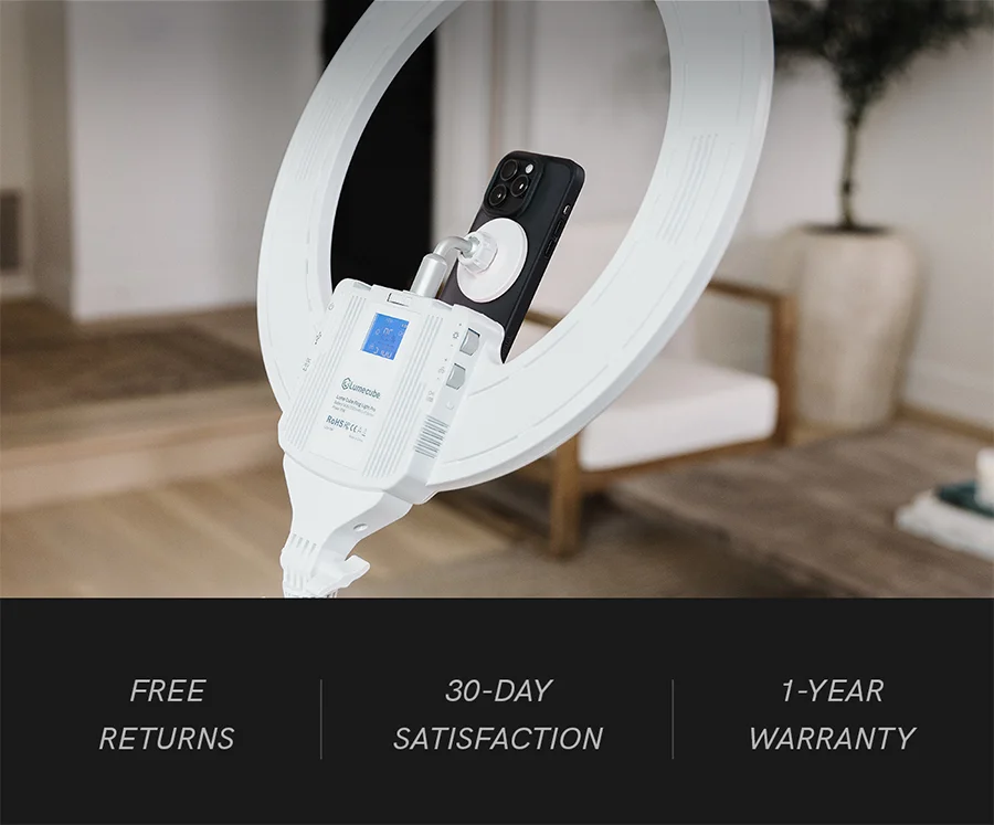 Close-up of the Lume Cube Ring Light Pro with phone mounted using MagSafe Mount.