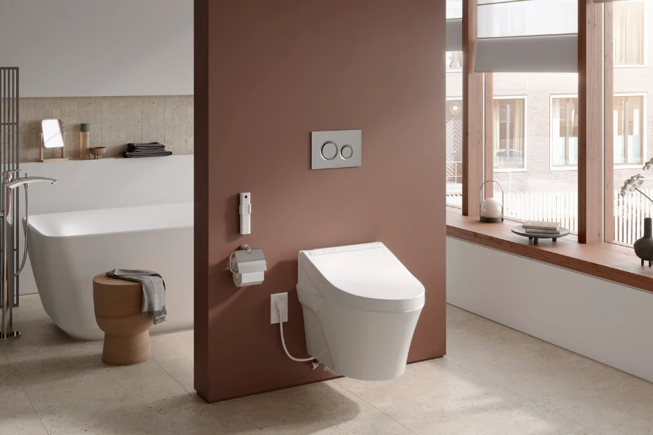 A TOTO WASHLET C5 wall hung in an open-concept bathroom display