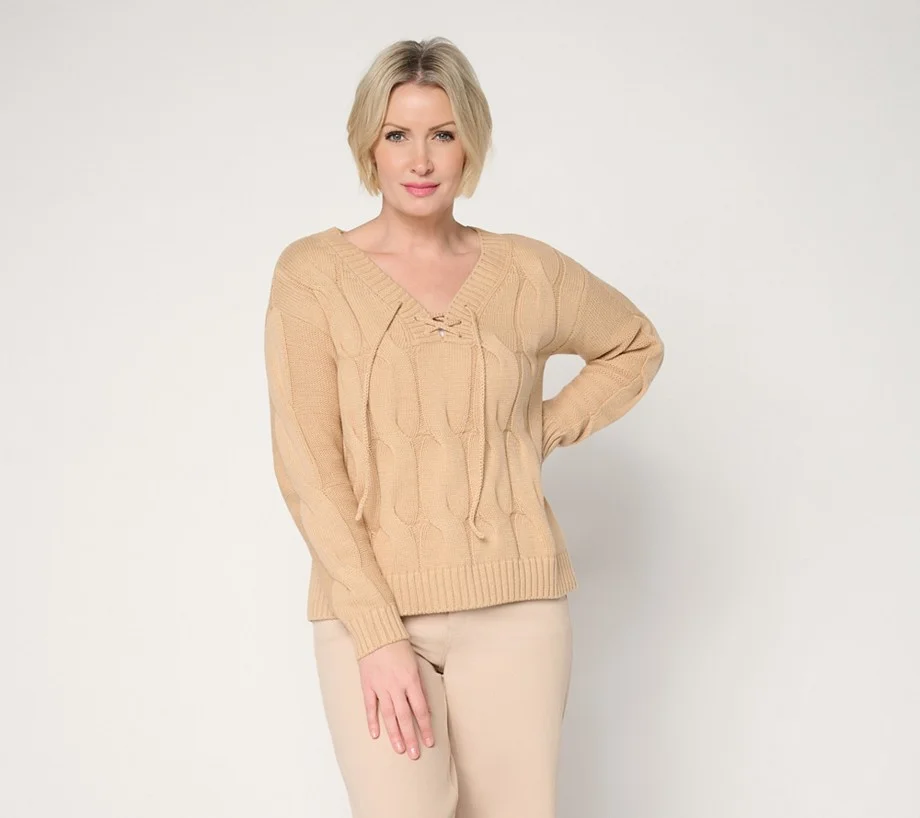 Peace Love World V-Neck Lace Up Cable Sweater
